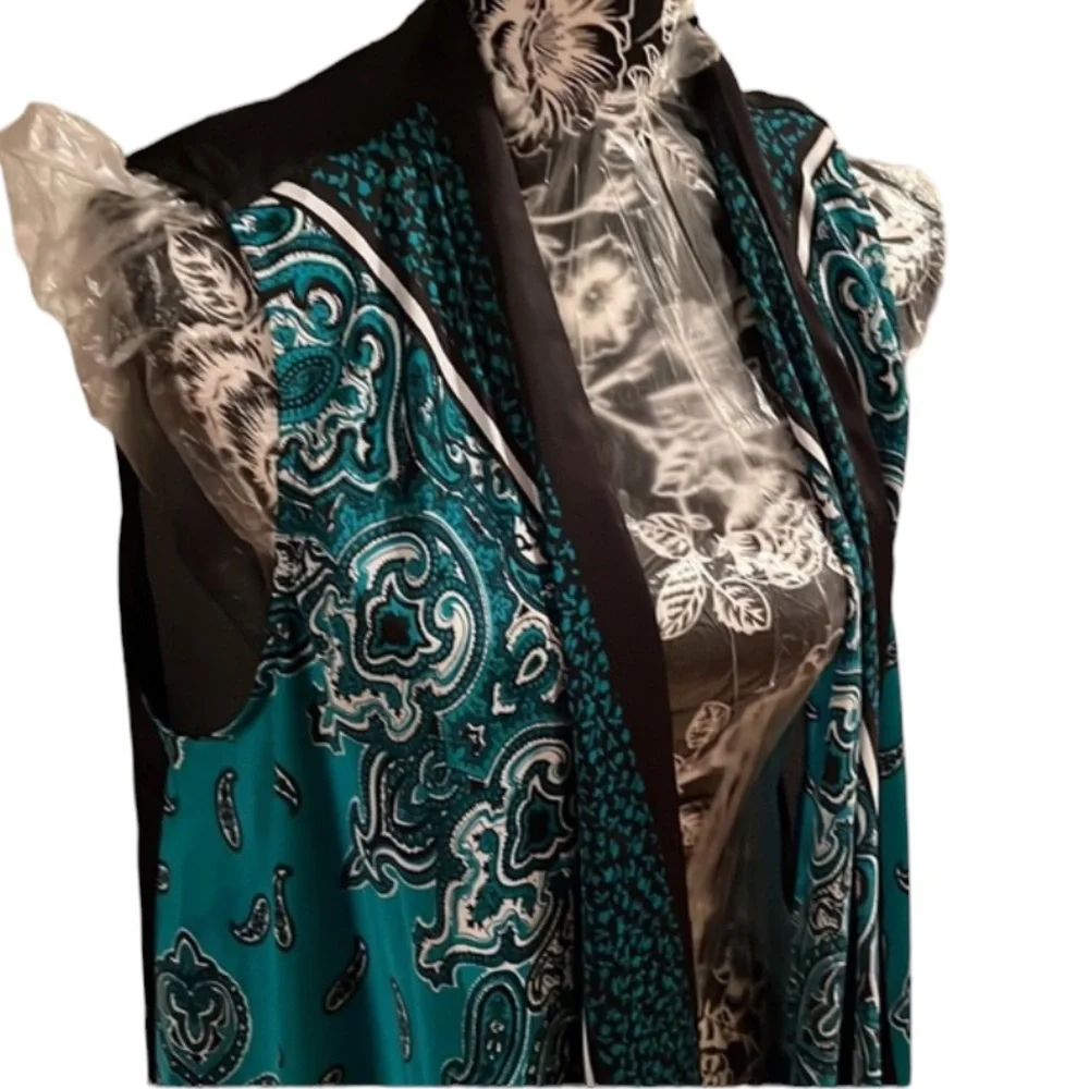 Michael Kors black & teal silk vest paisley print waterfall front size LG-XL